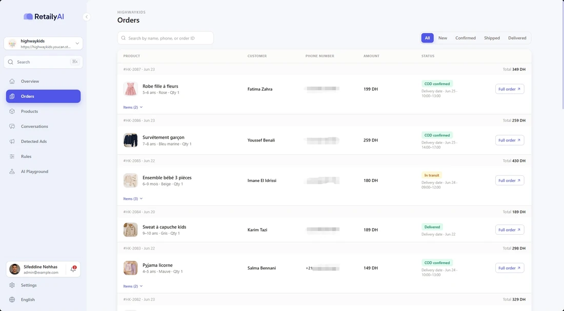 The orders dashboard: every COD order, its status and confirmation, in one list.