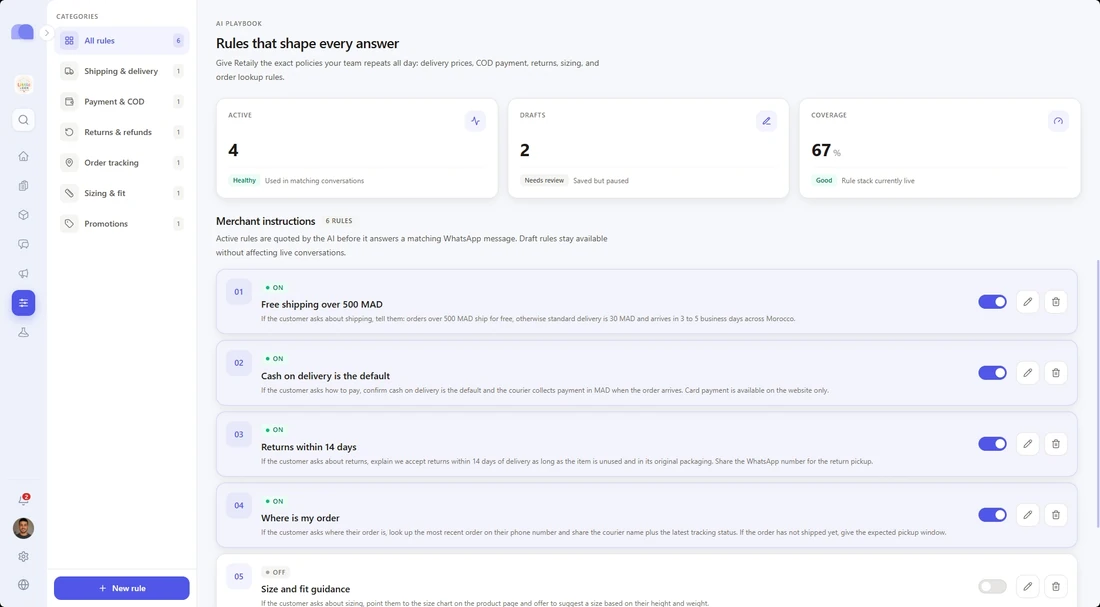 The automation rules: the policies that shape every answer the AI gives.